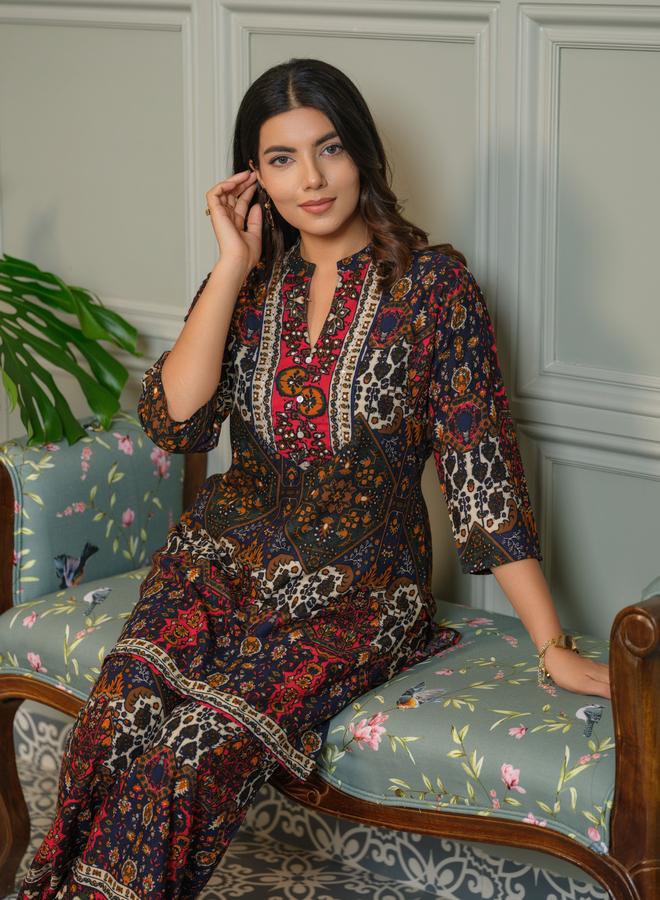 دي دبليو طقم منسق من بلوزة وبنطال بالازو بطبعة أجراك للنساء - Image 4